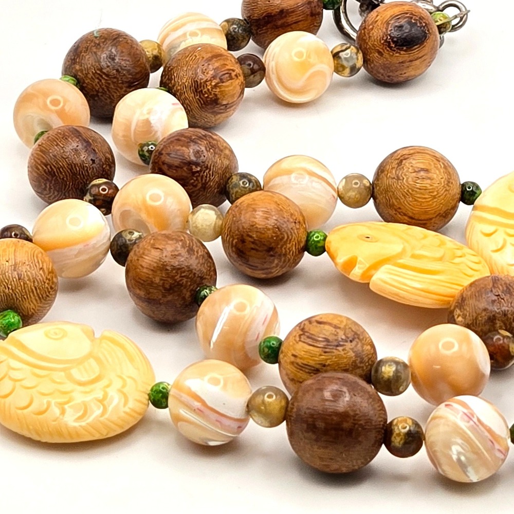 Carved Fish Bead Necklace Wood Shell Toggle Clasp Earthy Boho Statement Jewelry